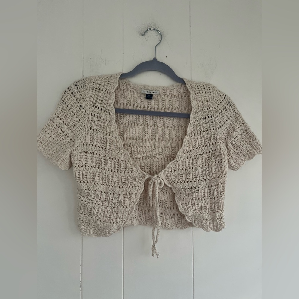 American Eagle Cream Crochet Tie-Front Cardigan Shrug Sweater Size Small
